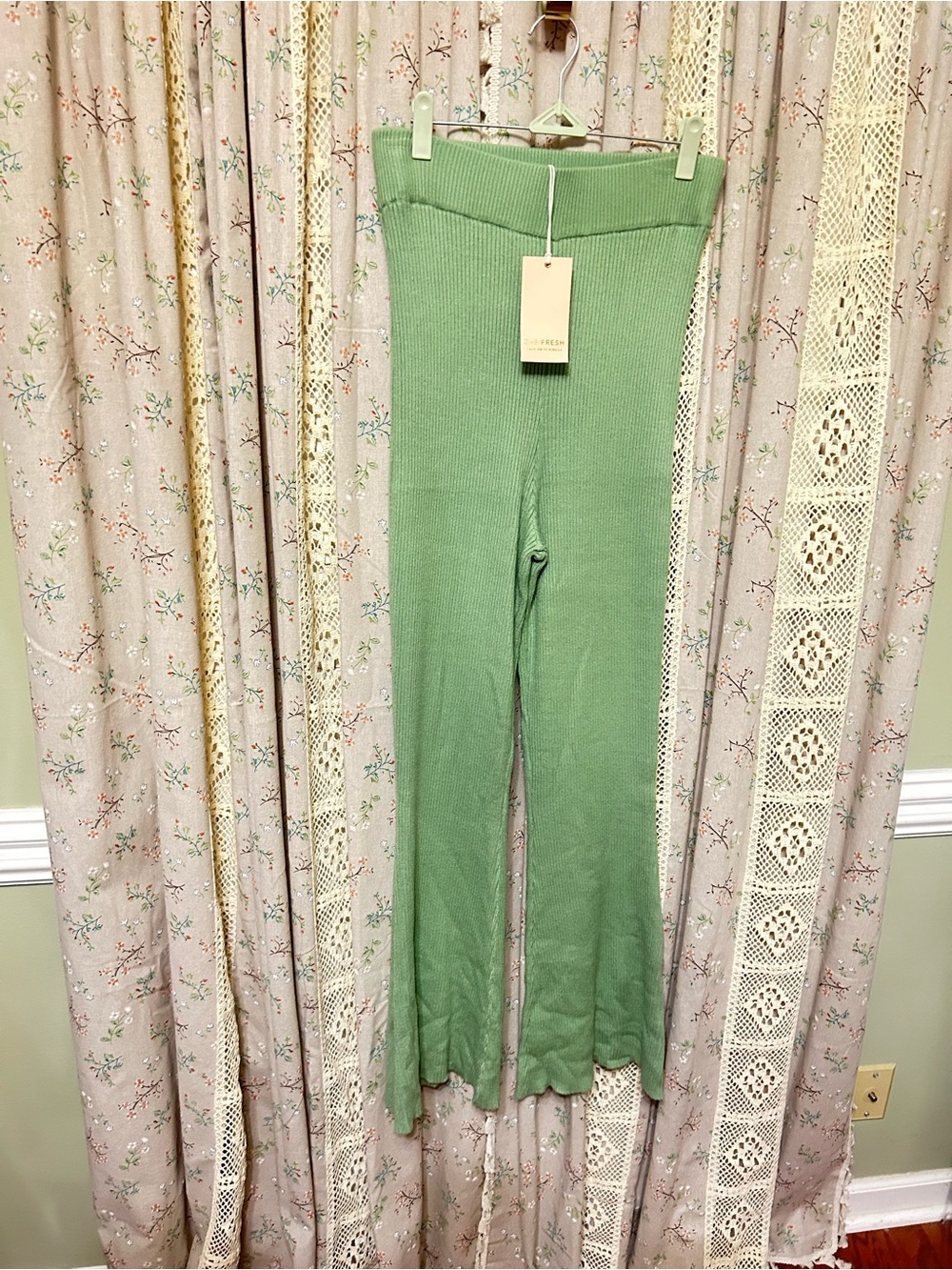 Gabifresh Sage Green Rib Knit Flare Pants Foldover Waist NWT Size 0‎ (XL)